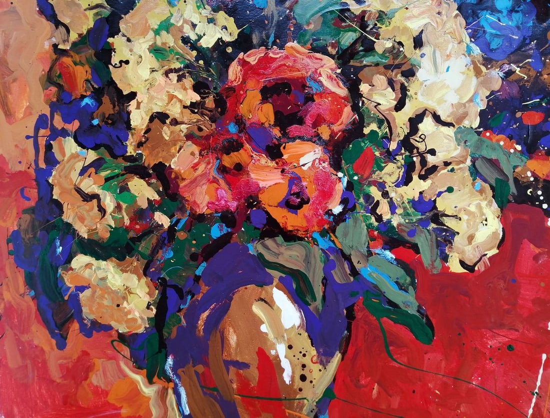 Oil painting Flowers on a red canvas Kalenyuk Oksana - 5