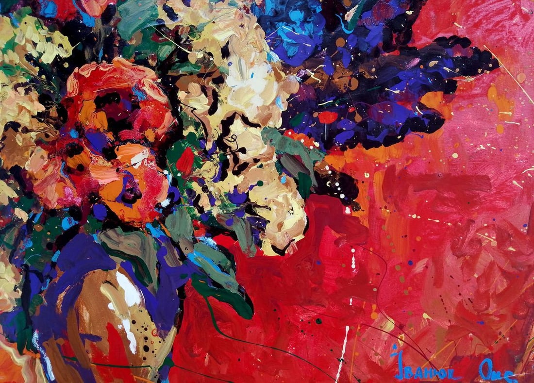 Oil painting Flowers on a red canvas Kalenyuk Oksana - 6