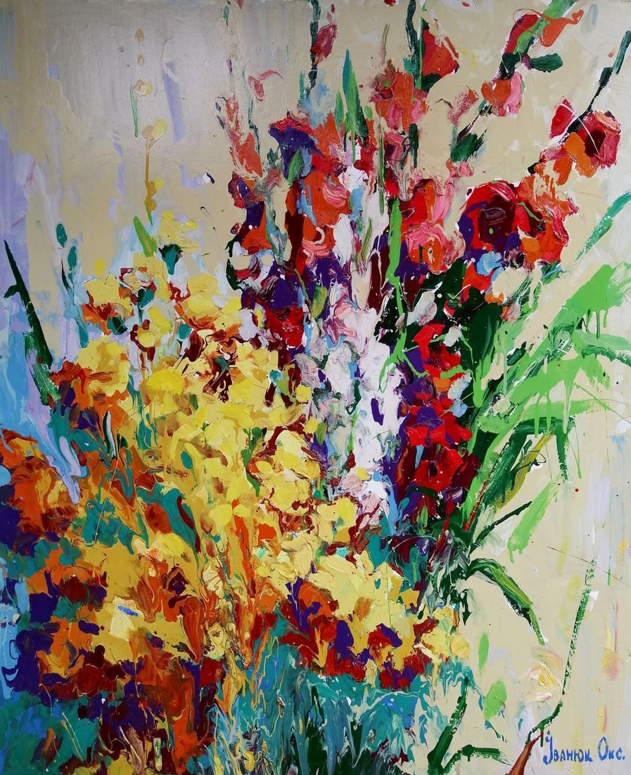 Oil painting Still life with flowers Kalenyuk Oksana: Title: Oil painting Still life with flowers Kalenyuk Oksana Description: NoKalen 172 *** ABOUT THIS PAINTING *** * TITLE: "Still life with flowers" * ARTISTS: Kalenyuk Oksana * SIZE: 120x100 cm/'47.24