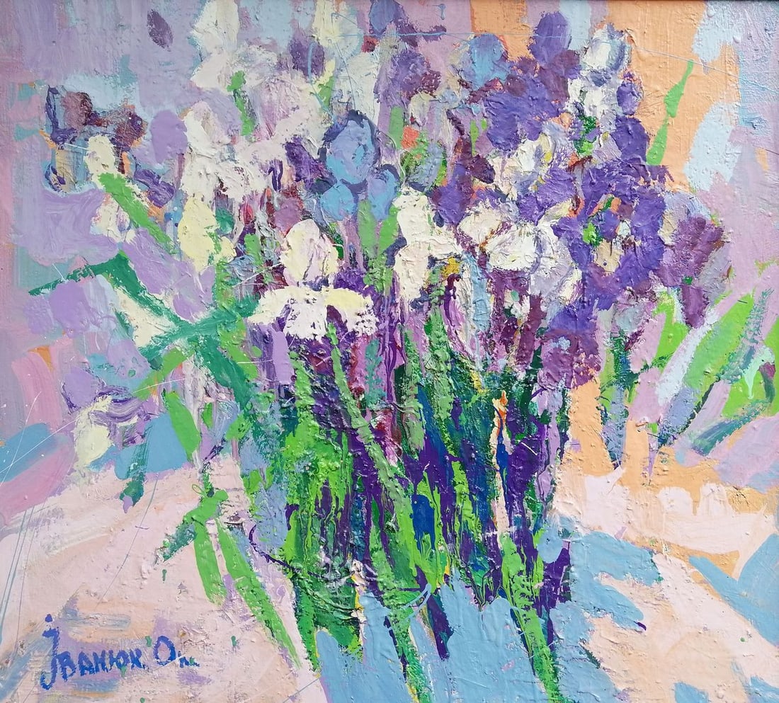 Oil painting Irises Kalenyuk Oksana: Title: Oil painting Irises Kalenyuk Oksana Description: NoKalen 173 *** ABOUT THIS PAINTING *** * TITLE: "Irises" * ARTISTS: Kalenyuk Oksana * SIZE: 100x90 cm/'39.37x35.43 inches' * MEDIUM: oil, canva