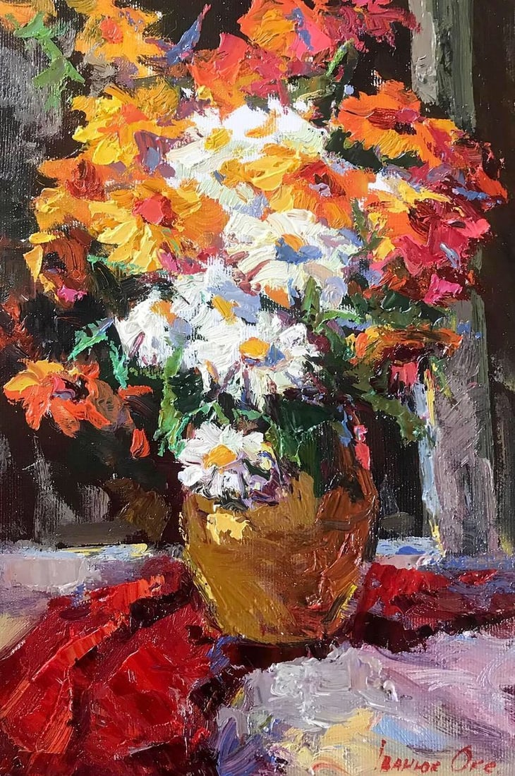 Oil painting Still life with camomiles Kalenyuk Oksana: Title: Oil painting Still life with camomiles Kalenyuk Oksana Description: NoKalen 584 *** ABOUT THIS PAINTING *** * TITLE: "Still life with camomiles" * ARTISTS: Kalenyuk Oksana * SIZE: 30x20