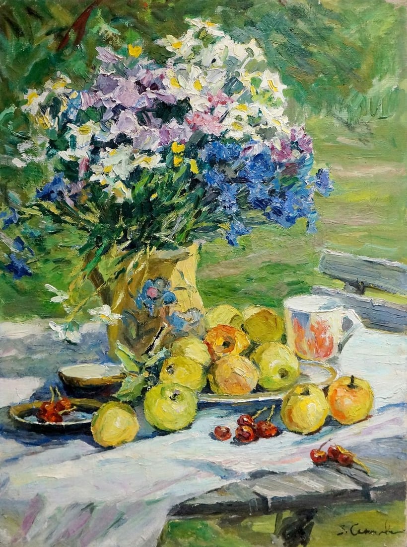 Oil painting Sokolova Zinaida Ivanovna Flowers and fruits nearby: Title: Oil painting Sokolova Zinaida Ivanovna Flowers and fruits nearby Description: NoVern 589
