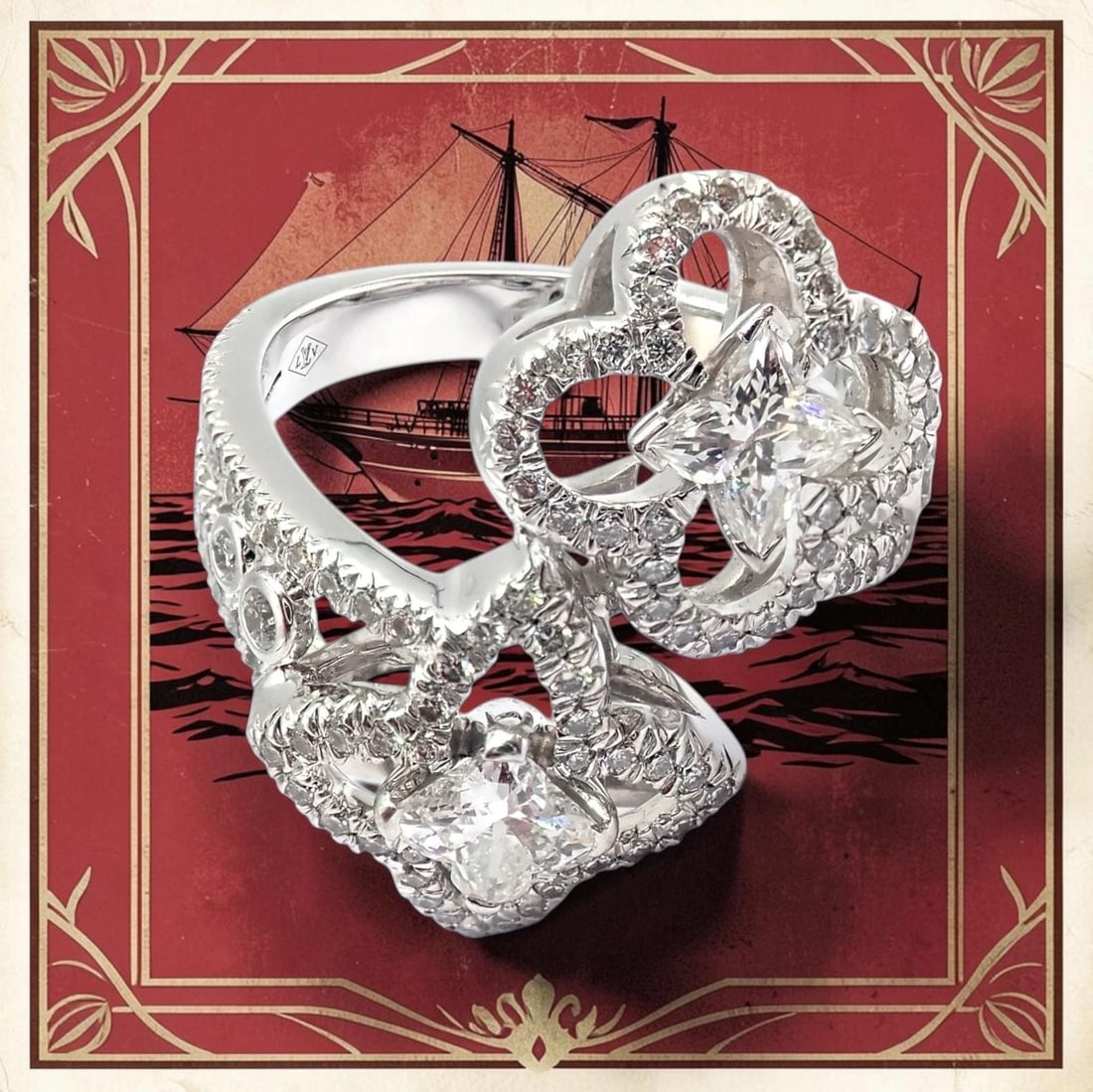 Authentic Louis Vuitton LV 18k White Gold Signature Diamond Fusion Blossom Ring - 2