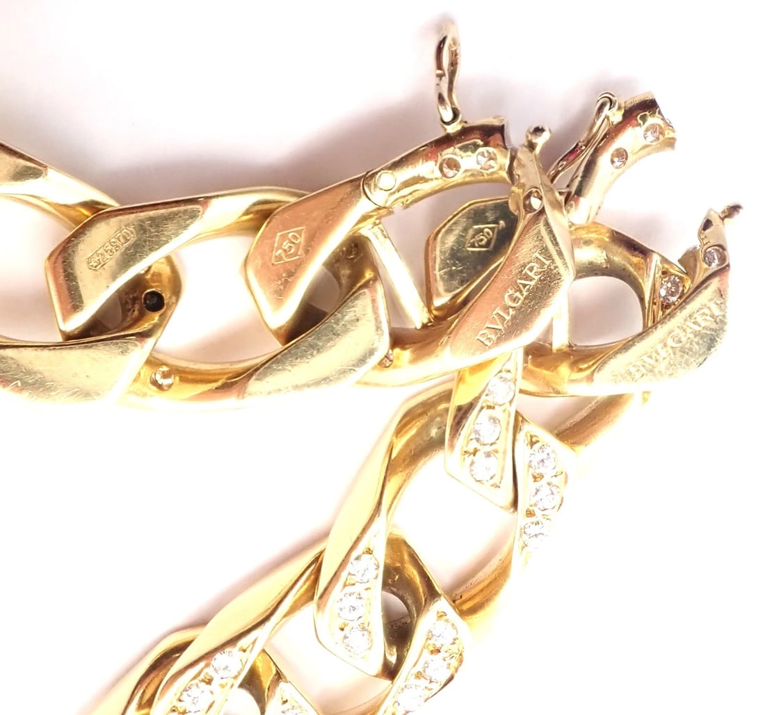 Authentic! Bvlgari Bulgari 18k Yellow Gold Diamond Two Link Bracelets Necklace - 12