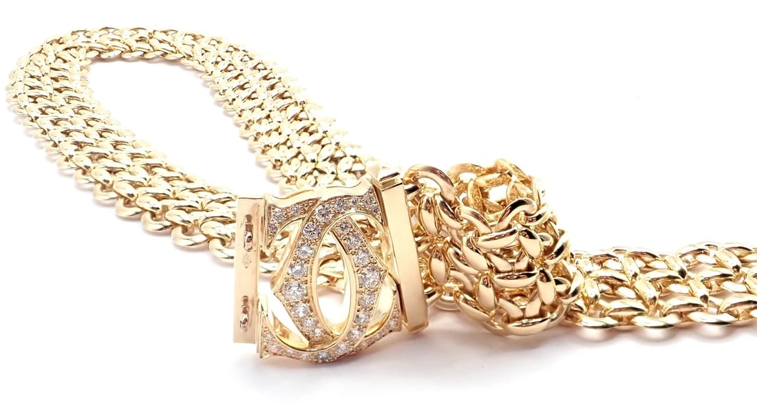 Authentic! Cartier Penelope 18k Yellow Gold Diamond Double C Three Row Necklace - 10