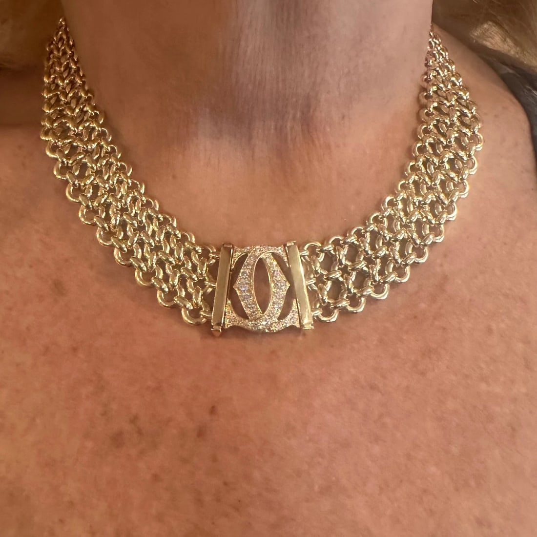 Authentic! Cartier Penelope 18k Yellow Gold Diamond Double C Three Row Necklace - 12