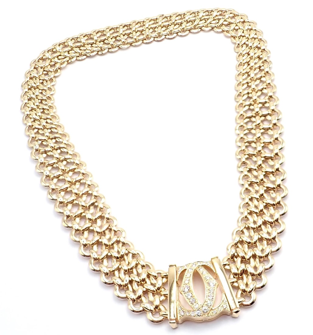 Authentic! Cartier Penelope 18k Yellow Gold Diamond Double C Three Row Necklace - 13
