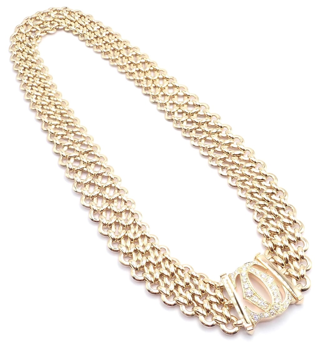 Authentic! Cartier Penelope 18k Yellow Gold Diamond Double C Three Row Necklace - 15