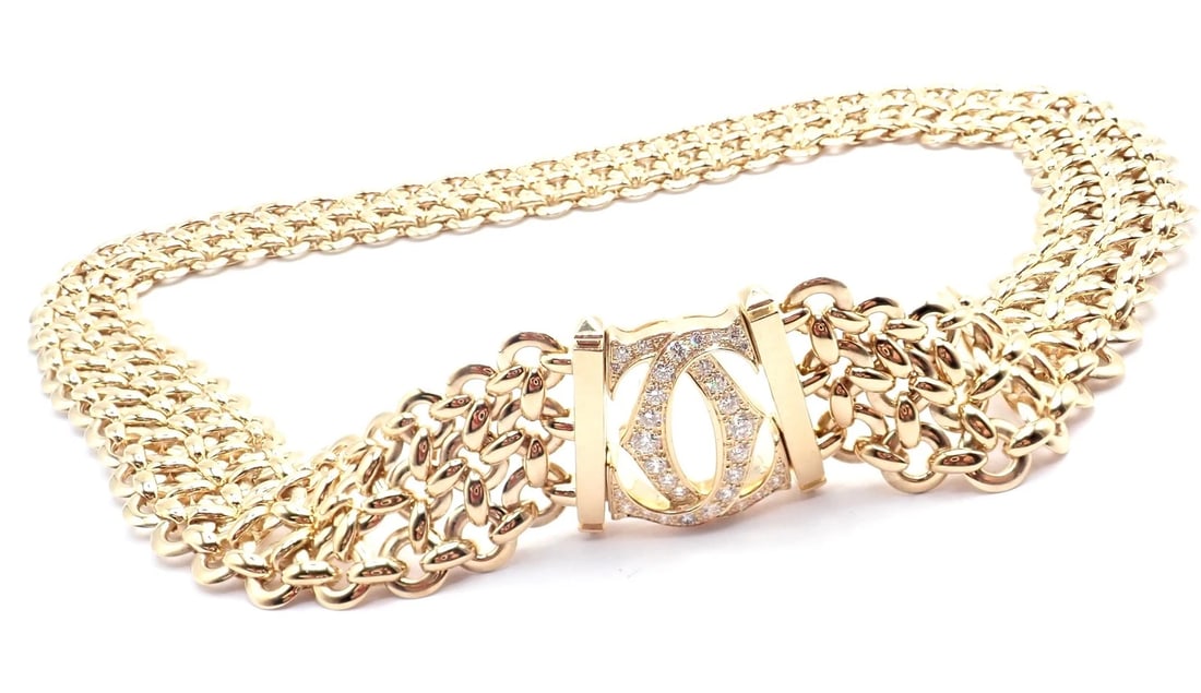 Authentic! Cartier Penelope 18k Yellow Gold Diamond Double C Three Row Necklace - 16