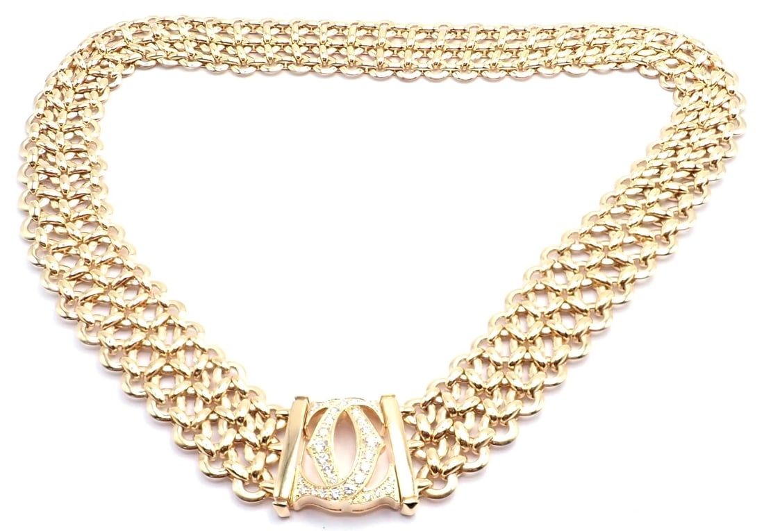 Authentic! Cartier Penelope 18k Yellow Gold Diamond Double C Three Row Necklace - 17