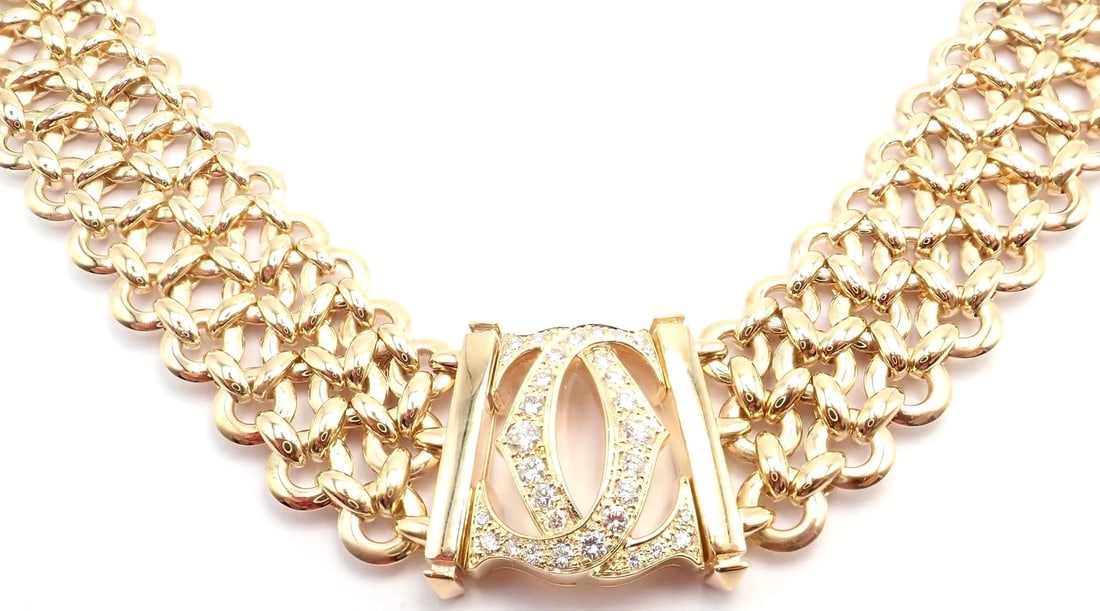 Authentic! Cartier Penelope 18k Yellow Gold Diamond Double C Three Row Necklace - 18