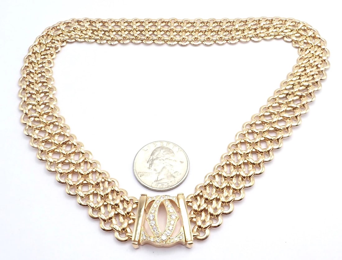 Authentic! Cartier Penelope 18k Yellow Gold Diamond Double C Three Row Necklace - 19