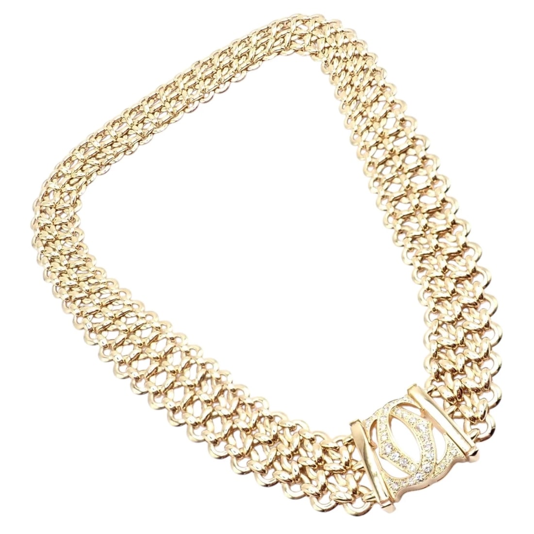 Authentic! Cartier Penelope 18k Yellow Gold Diamond Double C Three Row Necklace: Striking Cartier Penelope necklace in 18k yellow gold, featuring a rich three-row woven chain design with fluid texture and luxurious weight. The centerpiece showcases the iconic double
