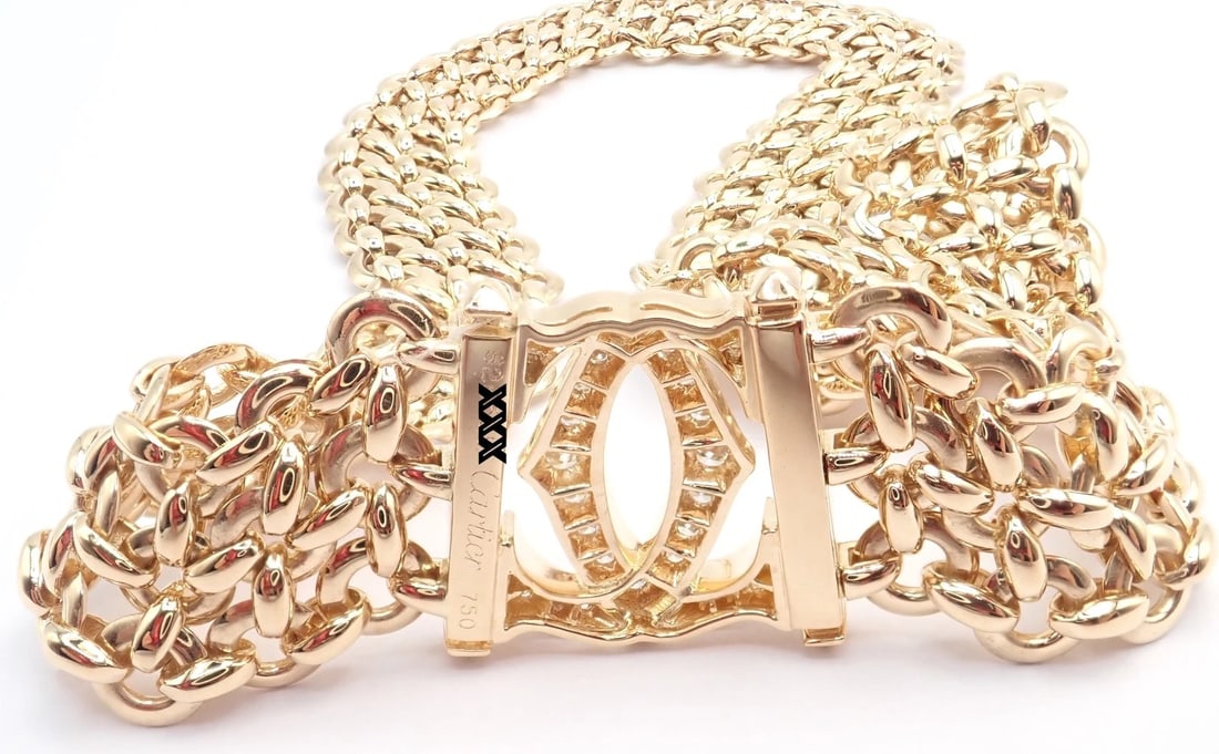 Authentic! Cartier Penelope 18k Yellow Gold Diamond Double C Three Row Necklace - 5
