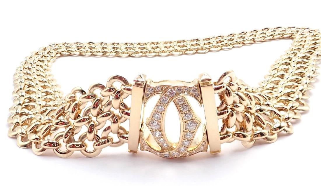 Authentic! Cartier Penelope 18k Yellow Gold Diamond Double C Three Row Necklace - 7