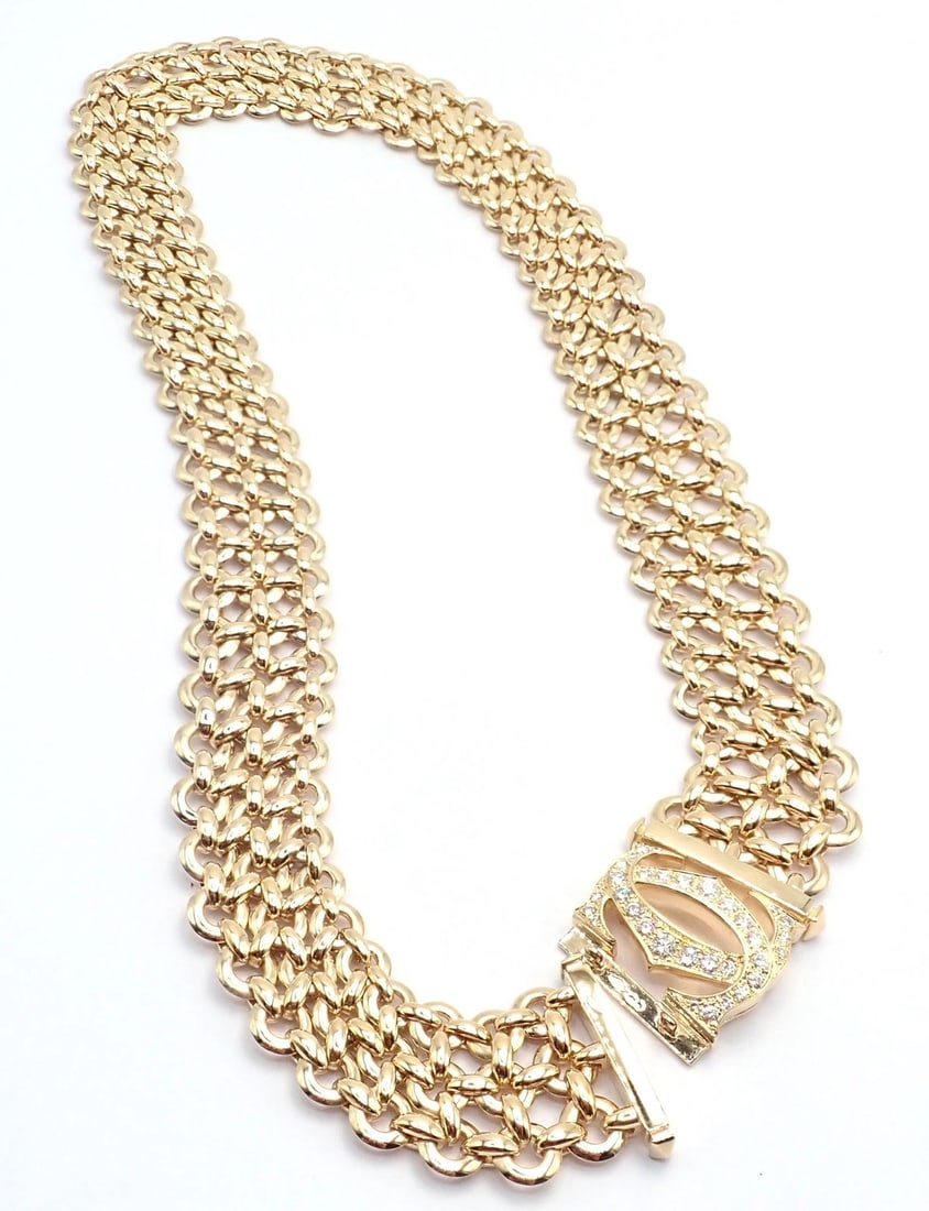 Authentic! Cartier Penelope 18k Yellow Gold Diamond Double C Three Row Necklace - 8