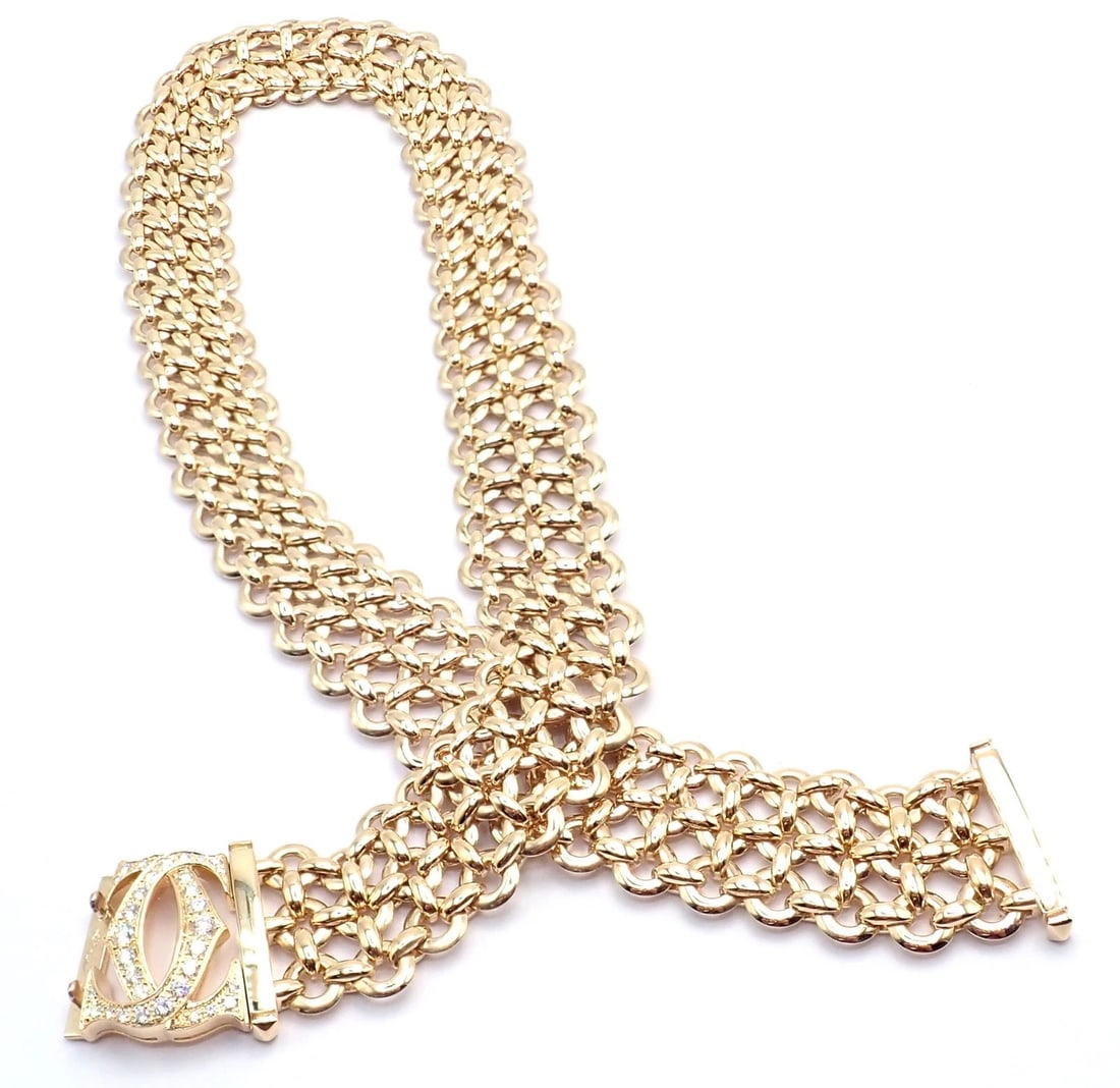 Authentic! Cartier Penelope 18k Yellow Gold Diamond Double C Three Row Necklace - 9