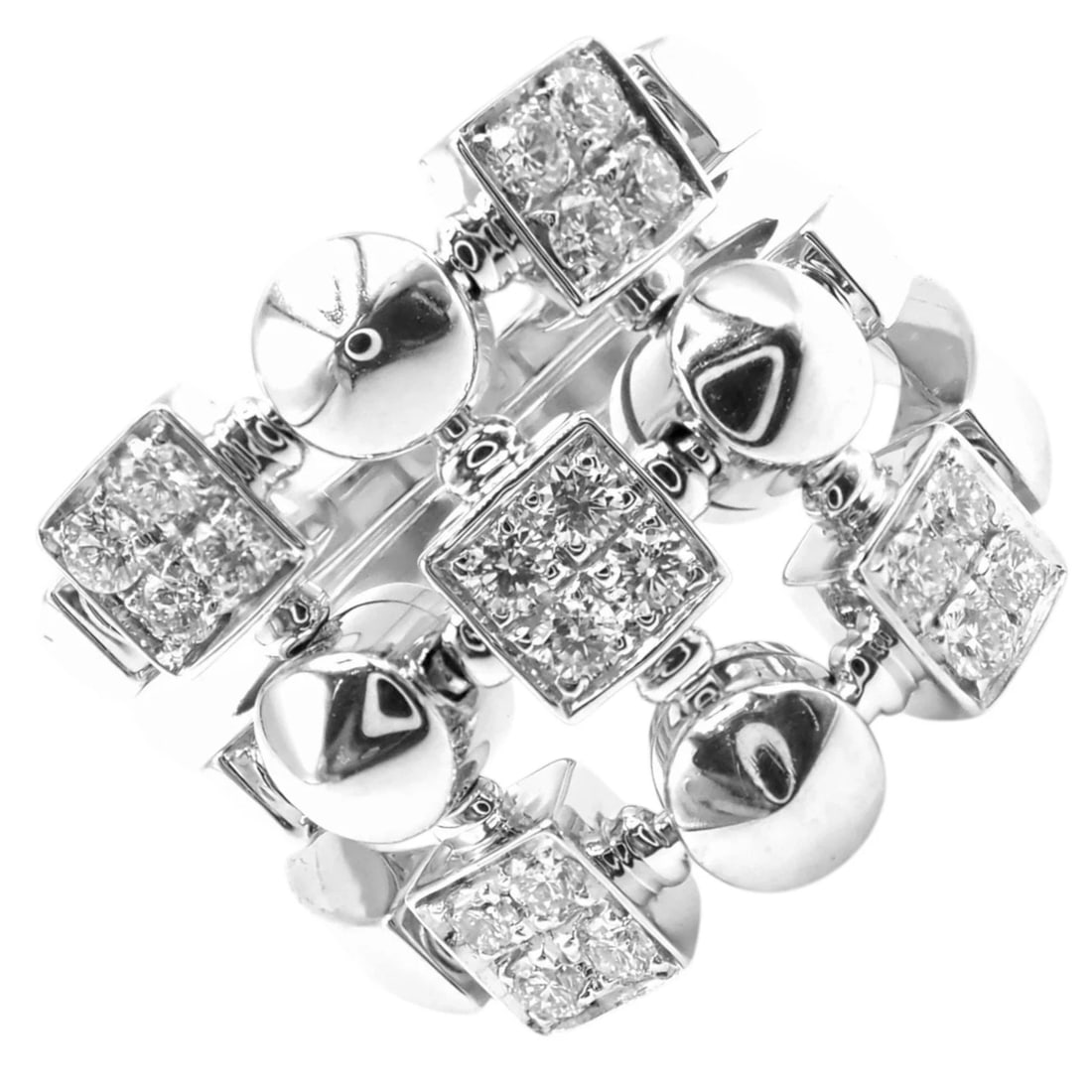 Authentic! Bvlgari Bulgari 18k White Gold Lucea Diamond Band Ring Paper: Refined Bvlgari Bulgari Lucea band crafted in luminous 18k white gold, showcasing alternating polished spheres and square diamond-set links. Brilliant pavé diamonds add structured sparkle and