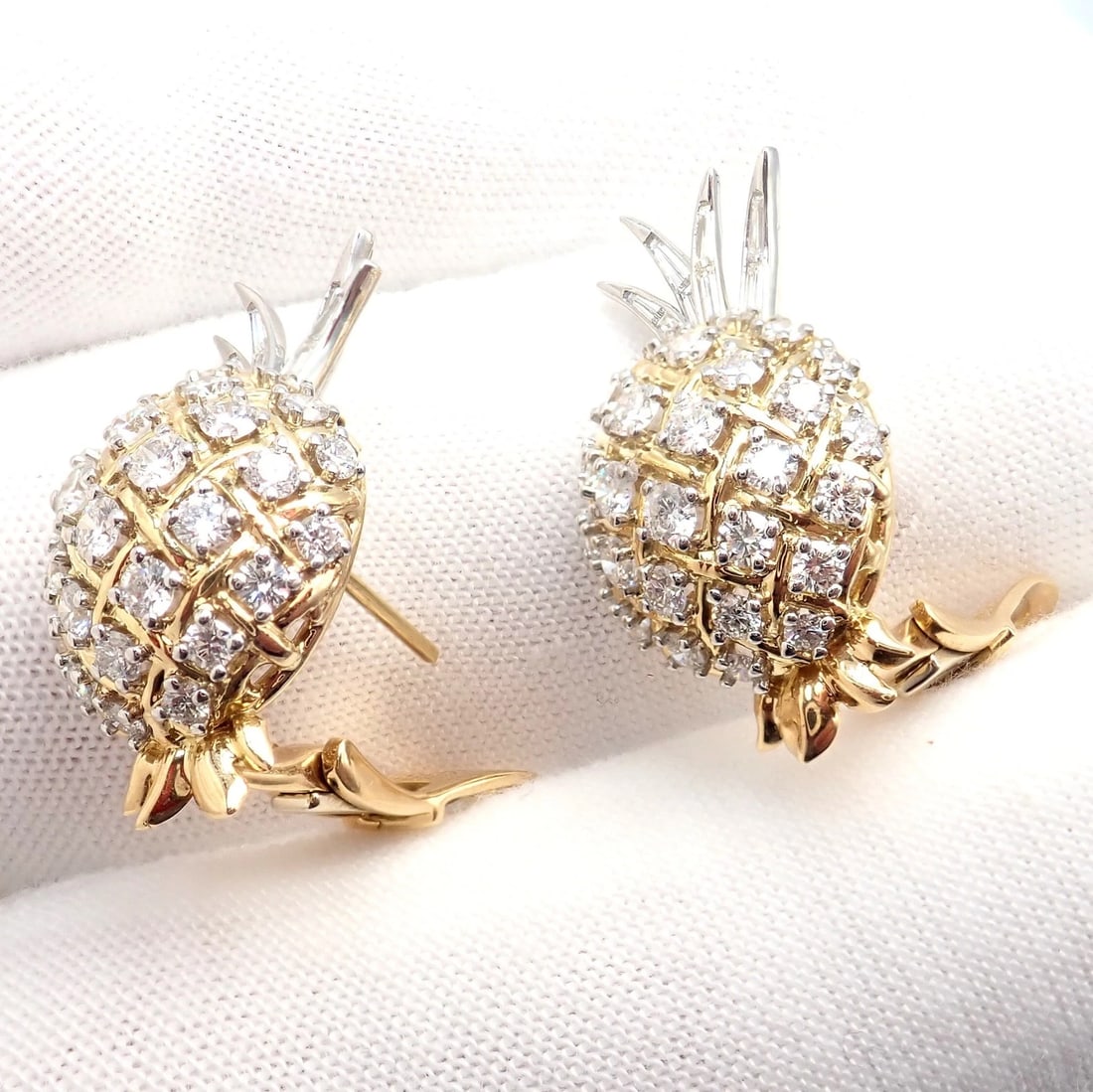 Authentic! Verdura 18k Yellow Gold Platinum Diamond Pineapple Earrings - 18