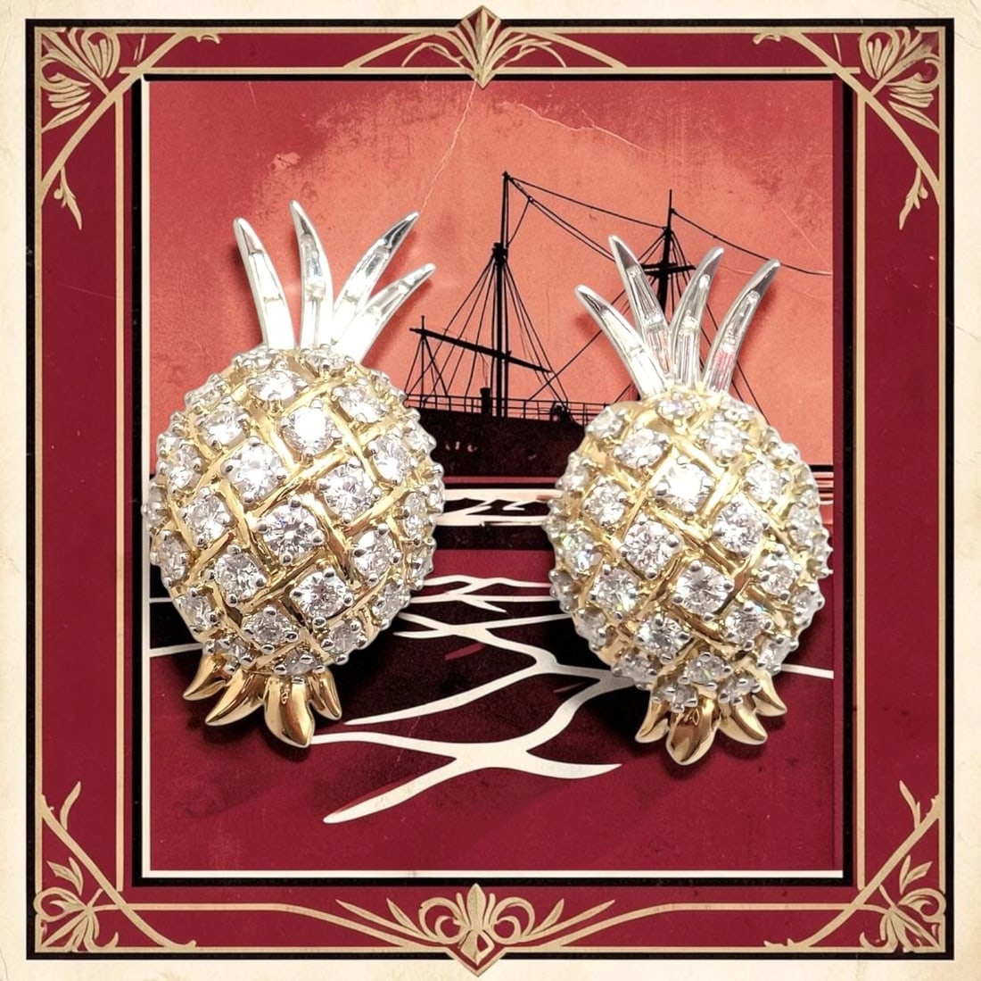 Authentic! Verdura 18k Yellow Gold Platinum Diamond Pineapple Earrings - 2