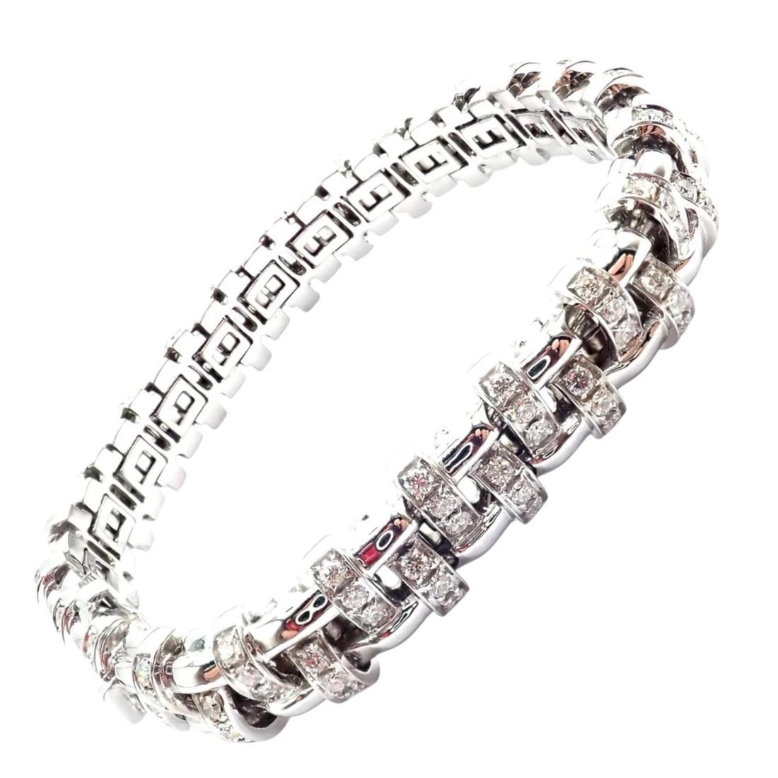 Authentic! Tiffany & Co Vannerie 18k White Gold Basket Weave Diamond Bracelet: This authentic Tiffany & Co. Vannerie bracelet is a masterpiece of luxury and intricate design. Crafted from 18k white gold, it showcases a stunning basket weave pattern, a testament to the brand's