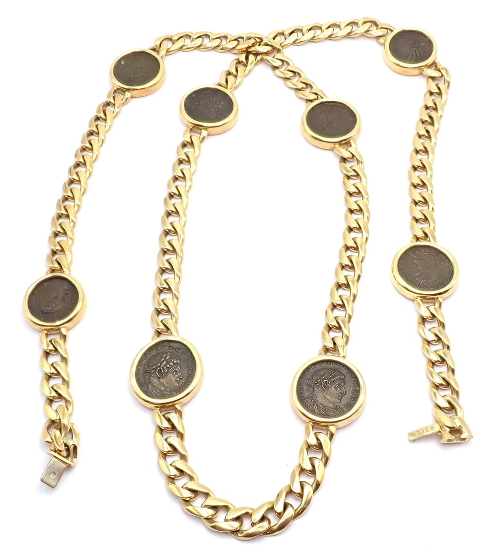 Bvlgari Bulgari 18k Yellow Gold Antique 8 Coin Monete 32" Long Link Necklace - 10