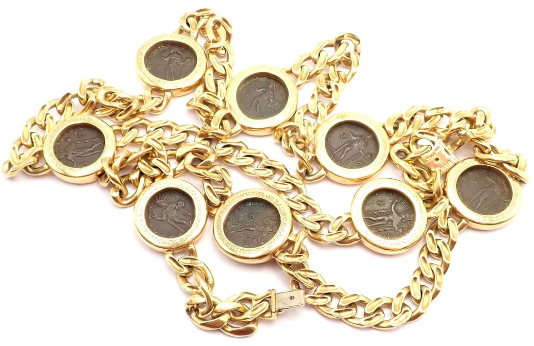 Bvlgari Bulgari 18k Yellow Gold Antique 8 Coin Monete 32" Long Link Necklace - 11
