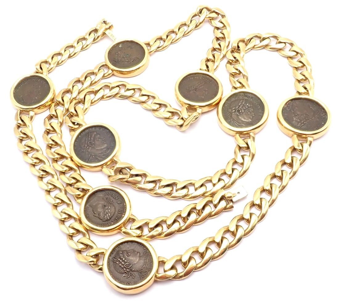 Bvlgari Bulgari 18k Yellow Gold Antique 8 Coin Monete 32" Long Link Necklace - 12