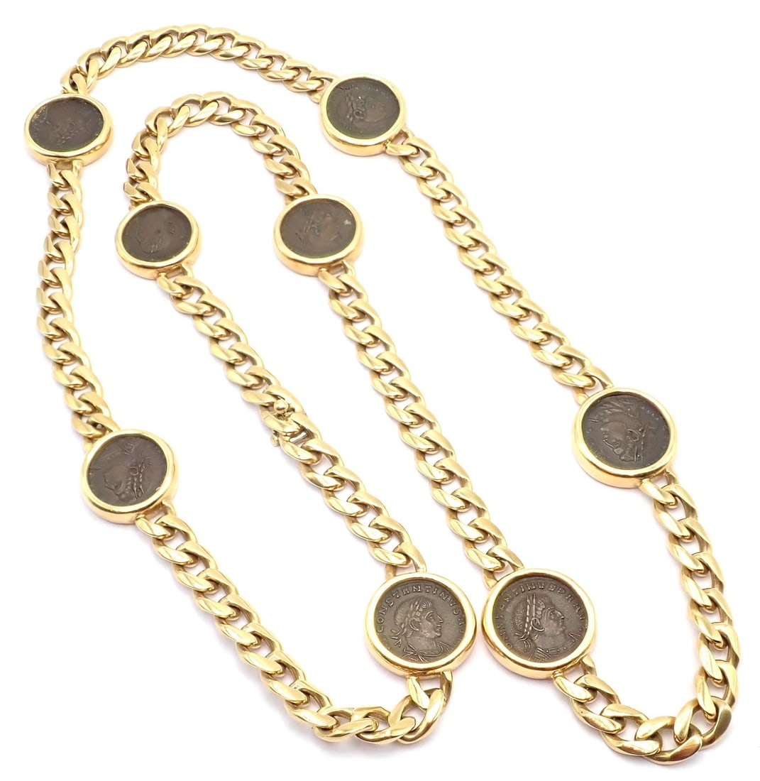 Bvlgari Bulgari 18k Yellow Gold Antique 8 Coin Monete 32" Long Link Necklace - 17