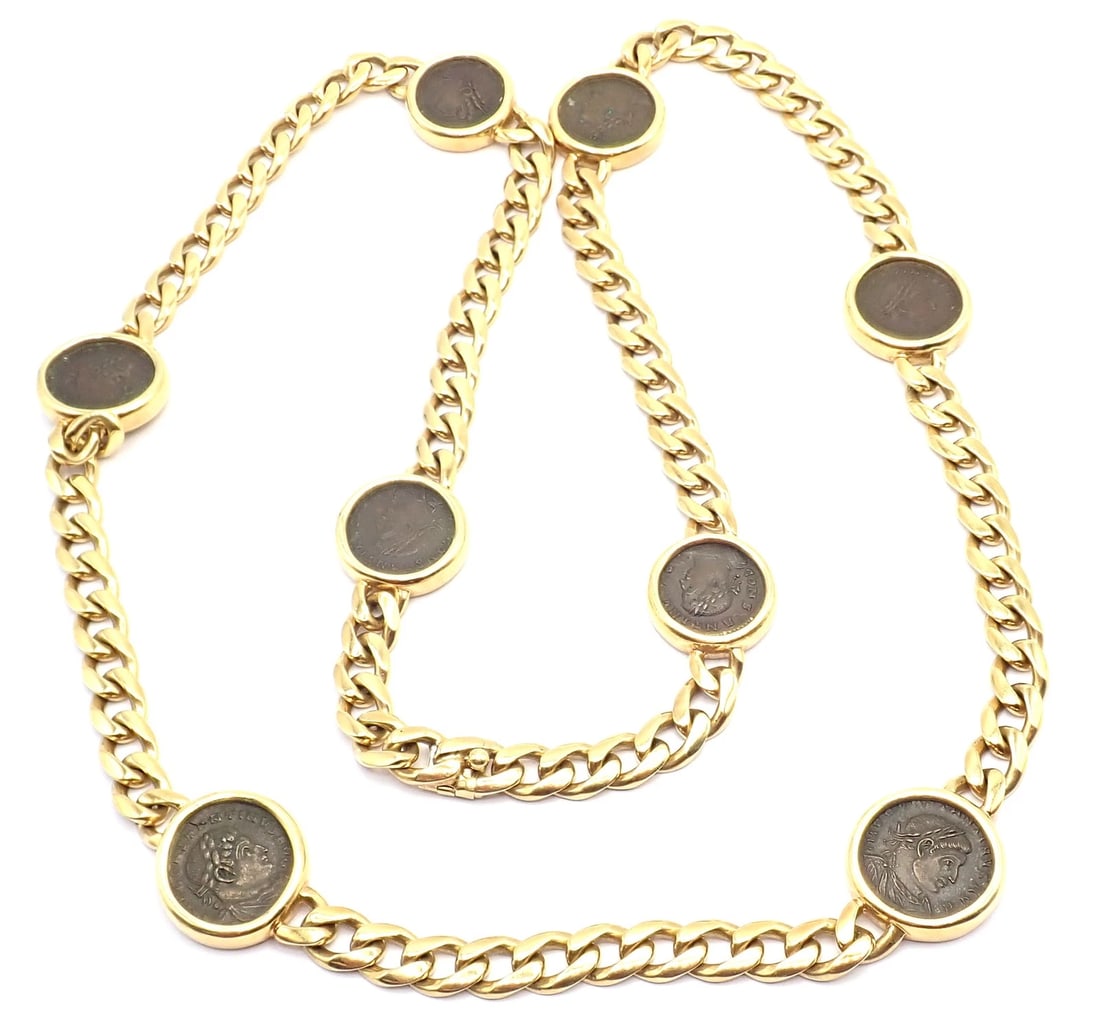 Bvlgari Bulgari 18k Yellow Gold Antique 8 Coin Monete 32" Long Link Necklace - 18