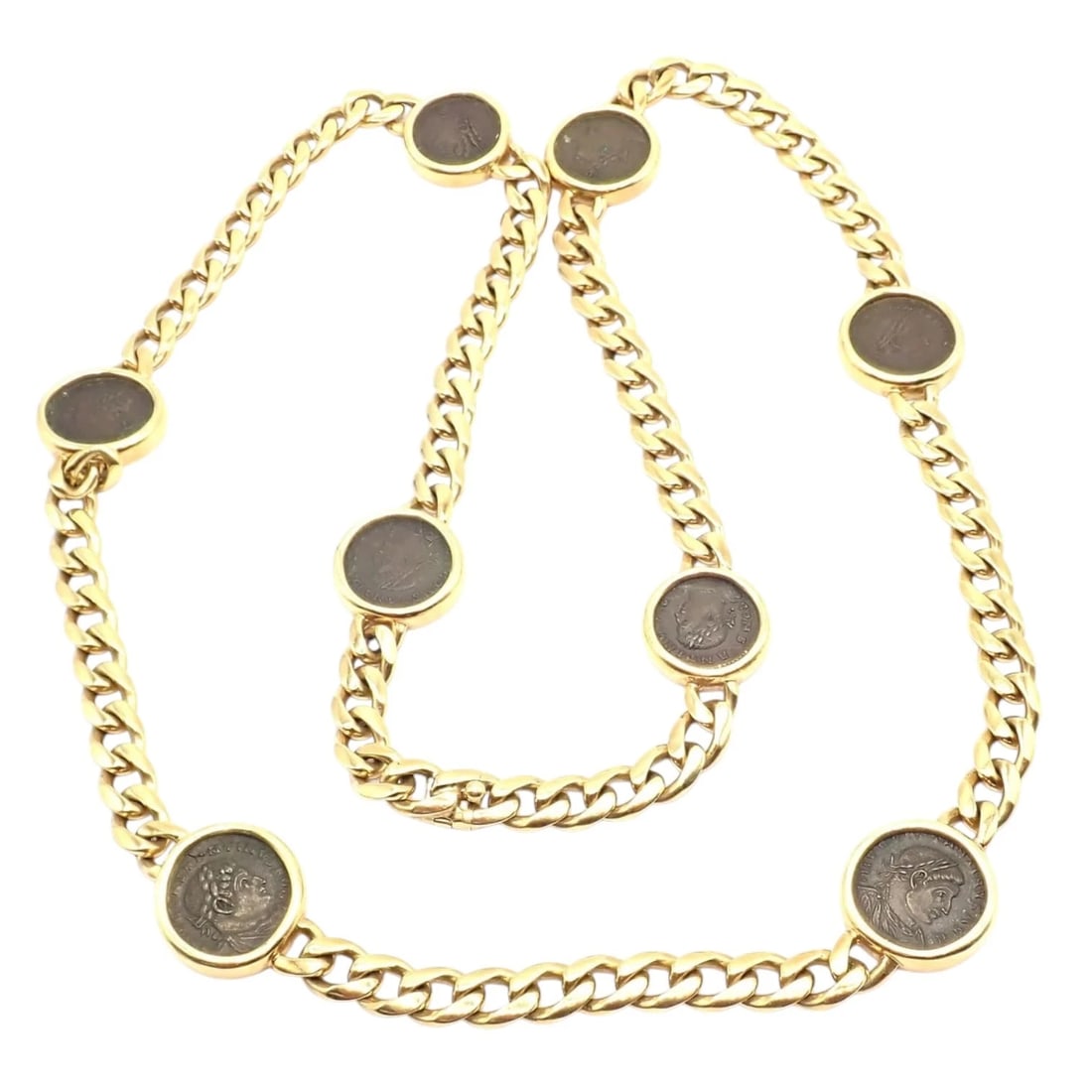 Bvlgari Bulgari 18k Yellow Gold Antique 8 Coin Monete 32" Long Link Necklace: The Bvlgari 18k Yellow Gold Antique Coin Monete 32" Long Link Necklace with 8 ancient coins seamlessly blends ancient history with modern luxury. Featuring a genuine Roman Empire coin of Constantine T