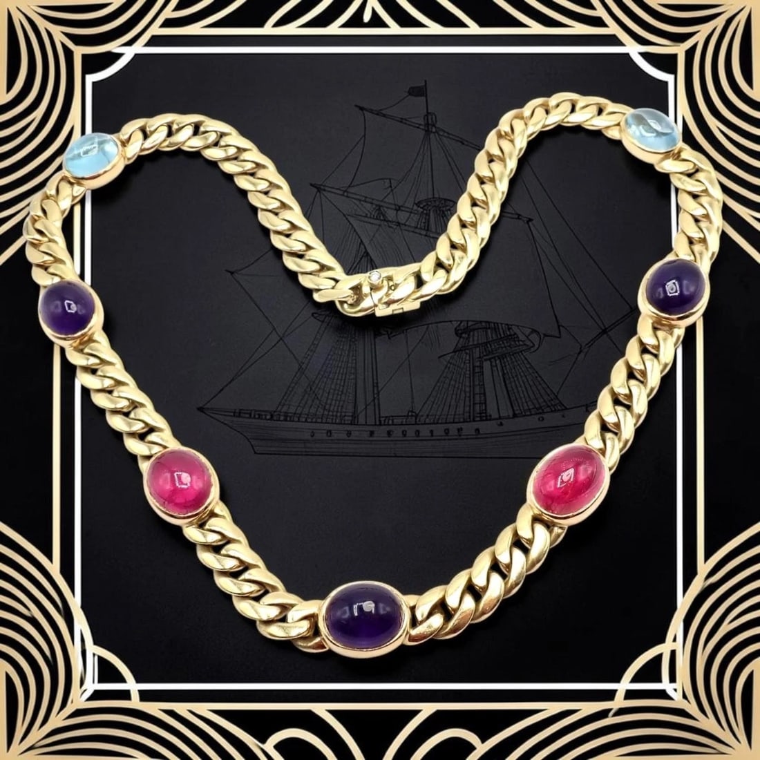 Rare! Vintage Bvlgari Bulgari 18k Yellow Gold Color Stone Link Necklace - 2