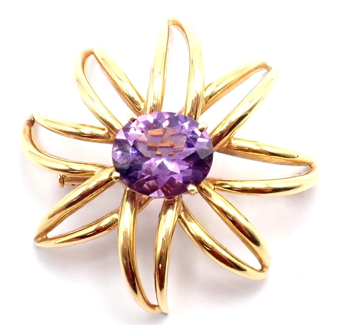 Authentic! Tiffany & Co Fireworks 18k Yellow Gold Amethyst Pin Brooch 1994 - 10