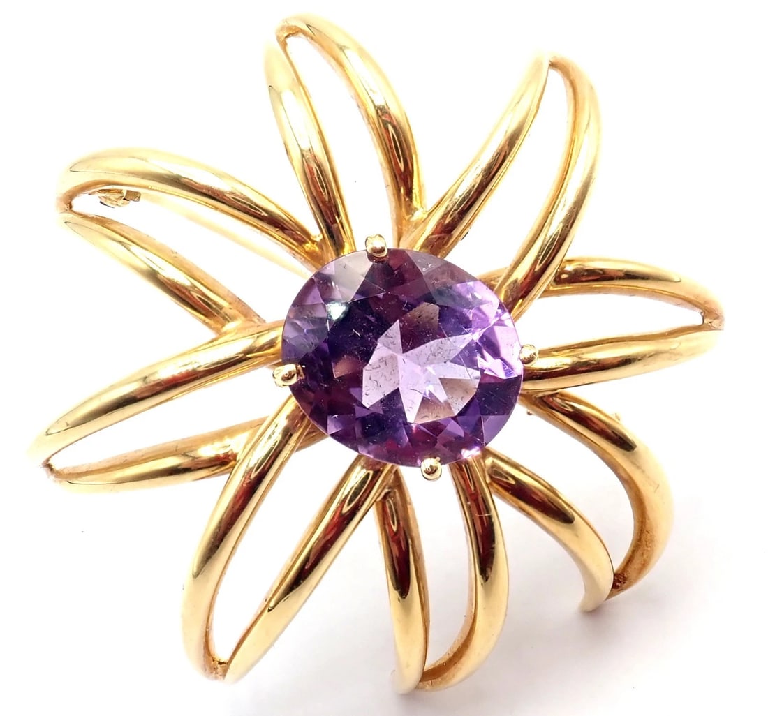 Authentic! Tiffany & Co Fireworks 18k Yellow Gold Amethyst Pin Brooch 1994 - 11