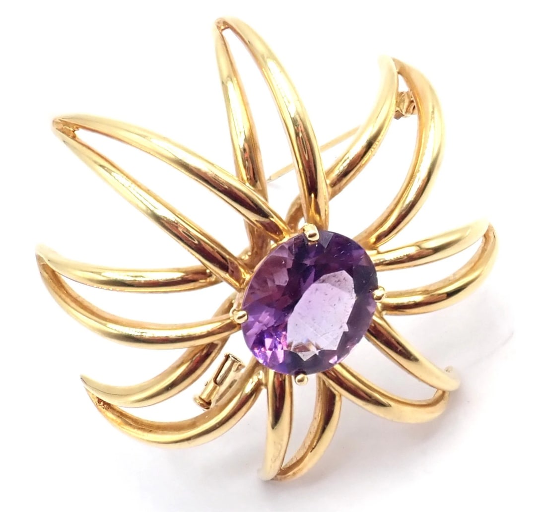 Authentic! Tiffany & Co Fireworks 18k Yellow Gold Amethyst Pin Brooch 1994 - 12