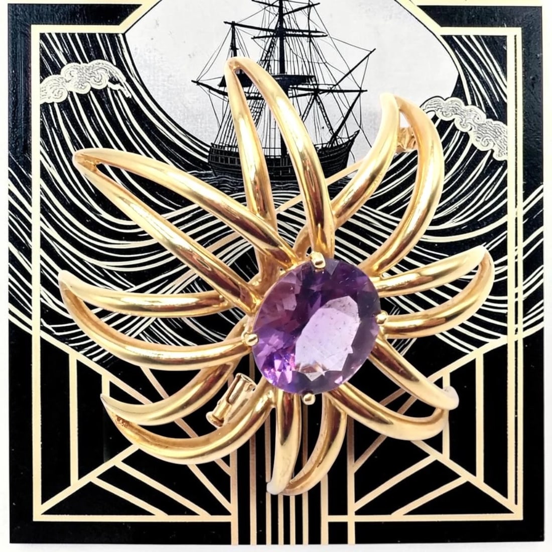 Authentic! Tiffany & Co Fireworks 18k Yellow Gold Amethyst Pin Brooch 1994 - 2