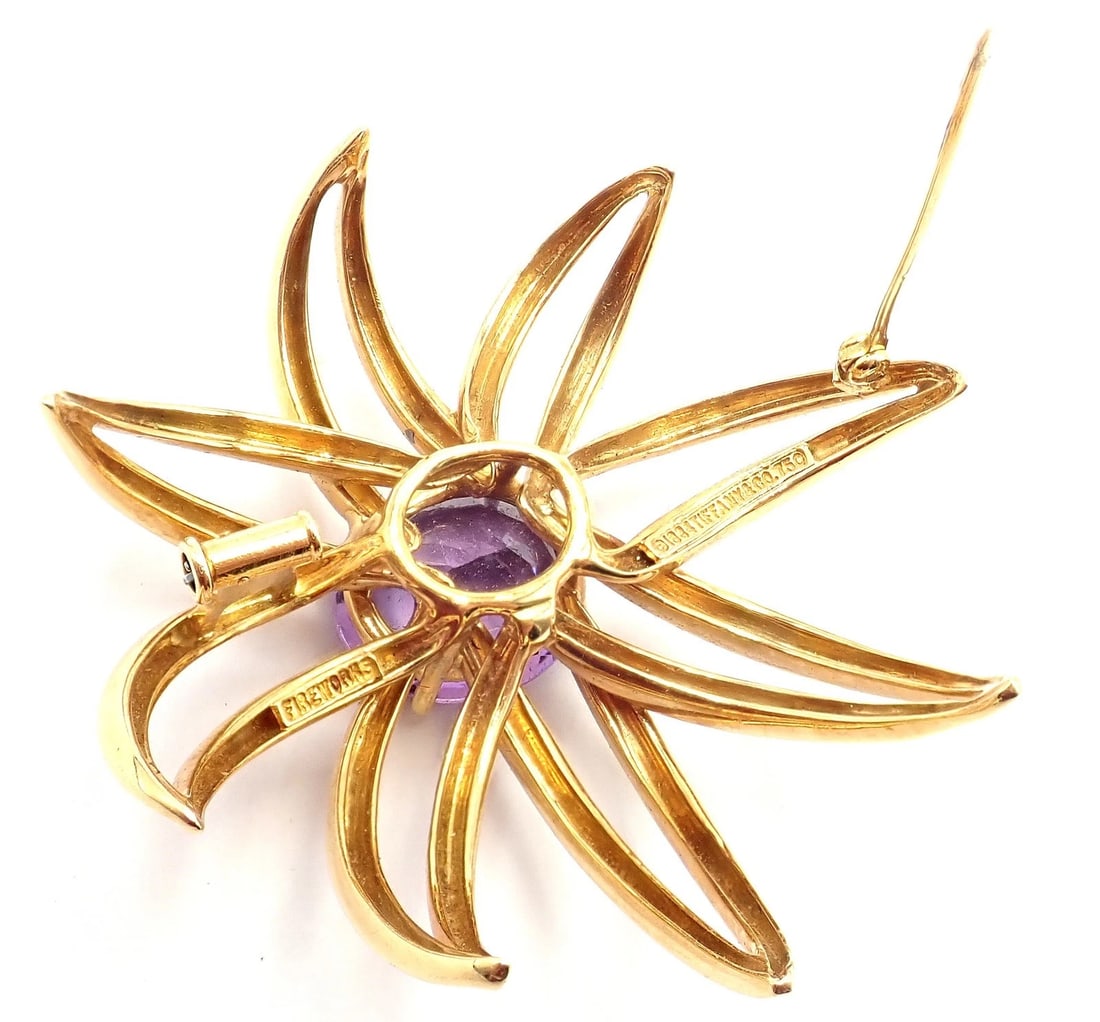 Authentic! Tiffany & Co Fireworks 18k Yellow Gold Amethyst Pin Brooch 1994 - 4