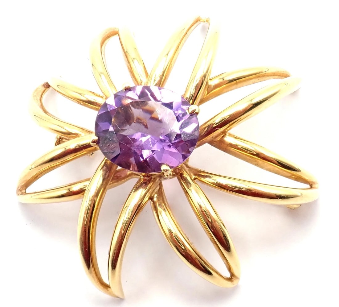 Authentic! Tiffany & Co Fireworks 18k Yellow Gold Amethyst Pin Brooch 1994 - 5