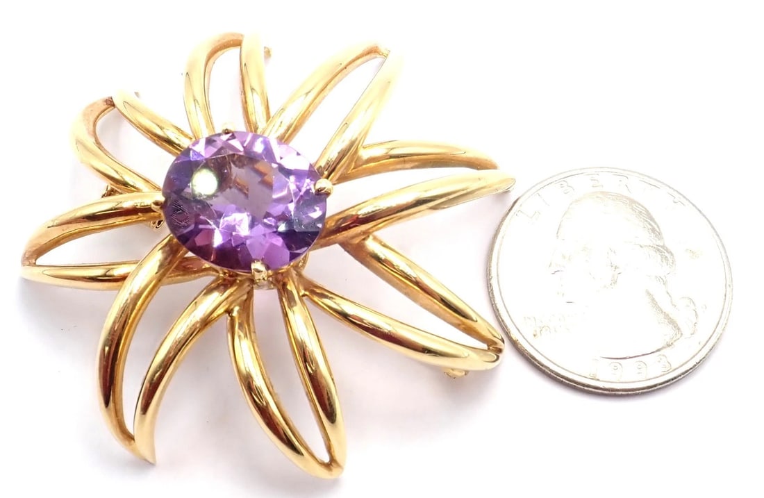 Authentic! Tiffany & Co Fireworks 18k Yellow Gold Amethyst Pin Brooch 1994 - 6