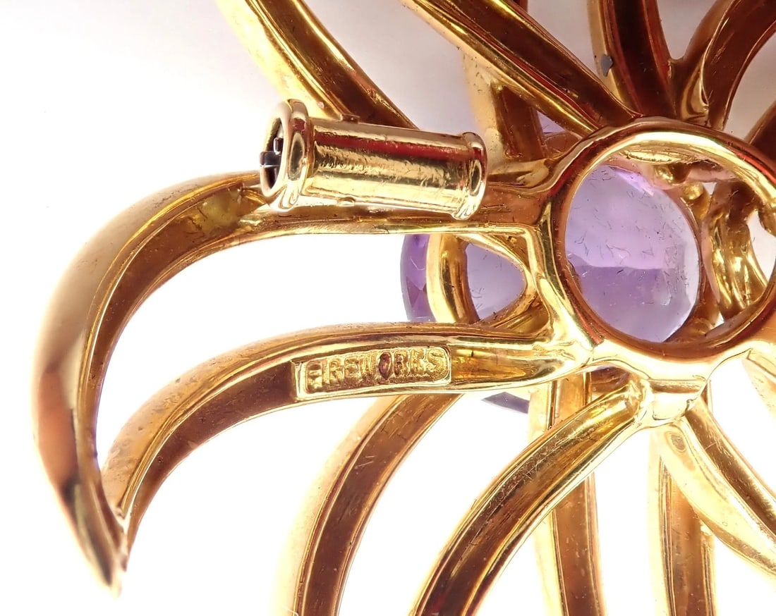 Authentic! Tiffany & Co Fireworks 18k Yellow Gold Amethyst Pin Brooch 1994 - 8