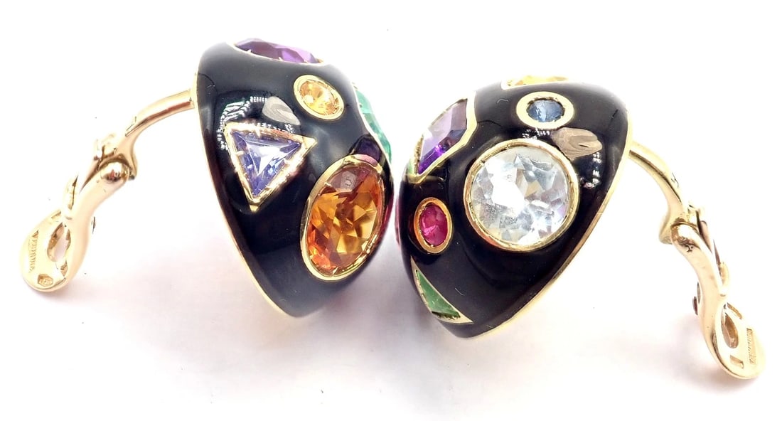 Authentic! Verdura Fulco 18k Yellow Gold Color Stone Black Enamel Earrings - 10