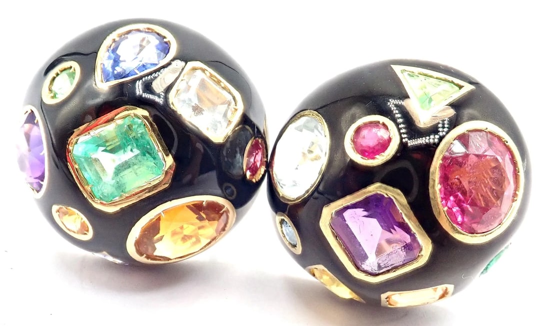 Authentic! Verdura Fulco 18k Yellow Gold Color Stone Black Enamel Earrings - 11
