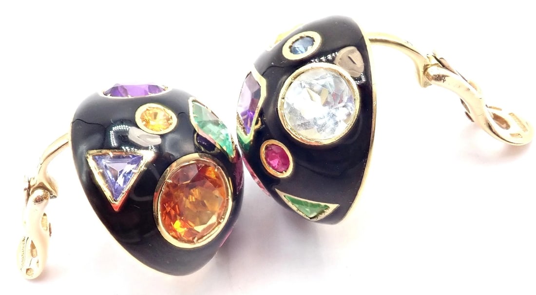 Authentic! Verdura Fulco 18k Yellow Gold Color Stone Black Enamel Earrings - 12