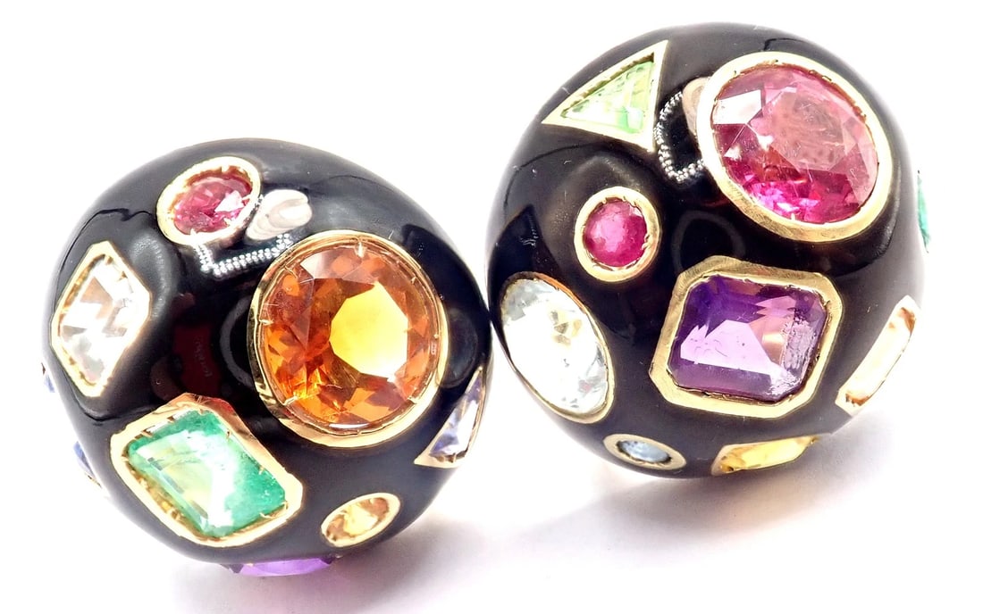 Authentic! Verdura Fulco 18k Yellow Gold Color Stone Black Enamel Earrings - 13
