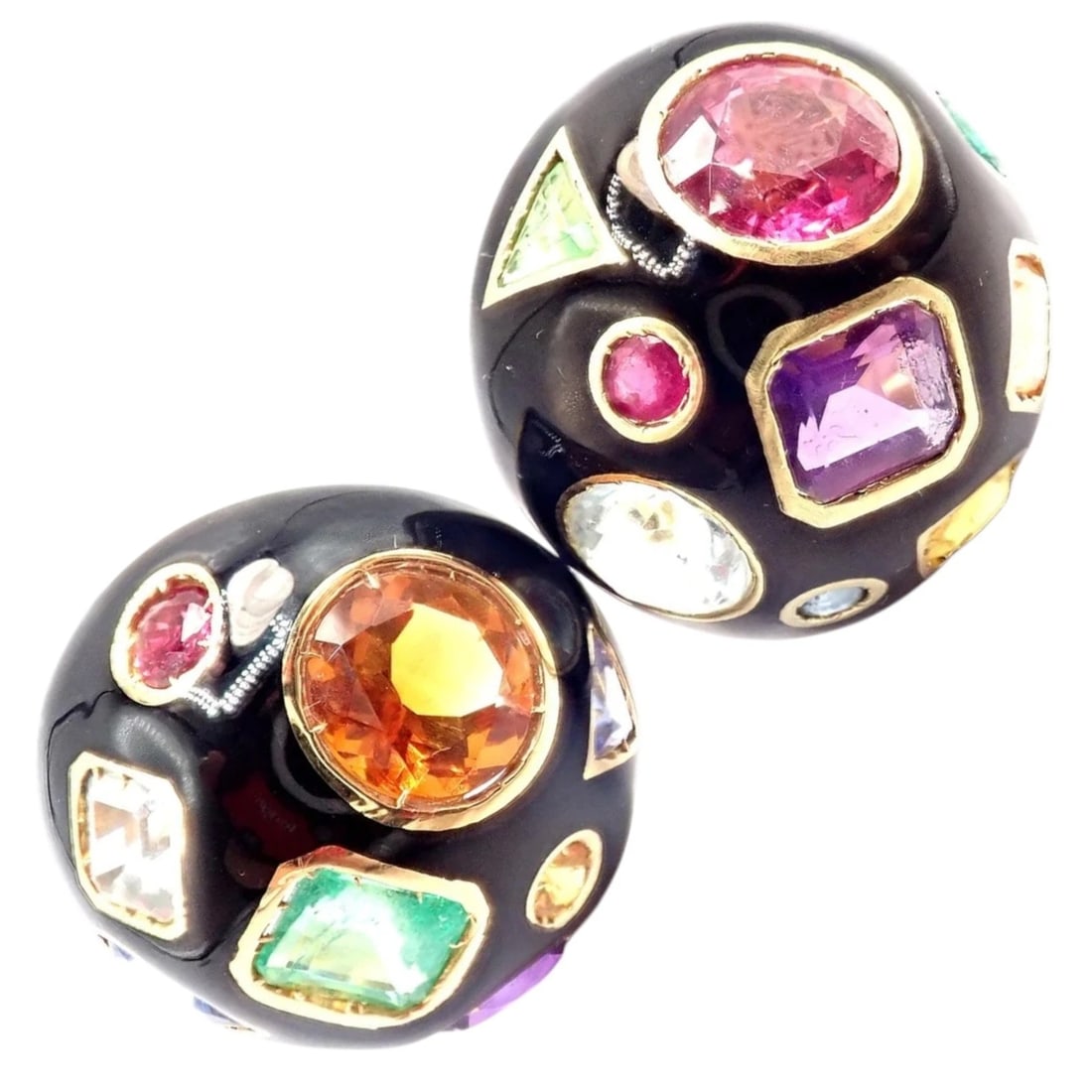 Authentic! Verdura Fulco 18k Yellow Gold Color Stone Black Enamel Earrings: These Verdura Fulco earrings are crafted in 18k yellow gold with glossy black enamel and an artistic mosaic of colorful faceted gemstones in varied shapes and sizes. Bold, sculptural, and