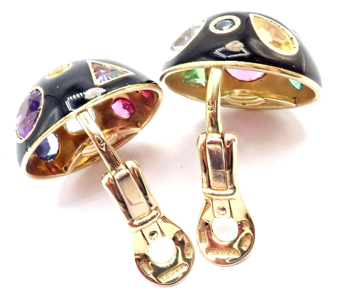 Authentic! Verdura Fulco 18k Yellow Gold Color Stone Black Enamel Earrings - 4
