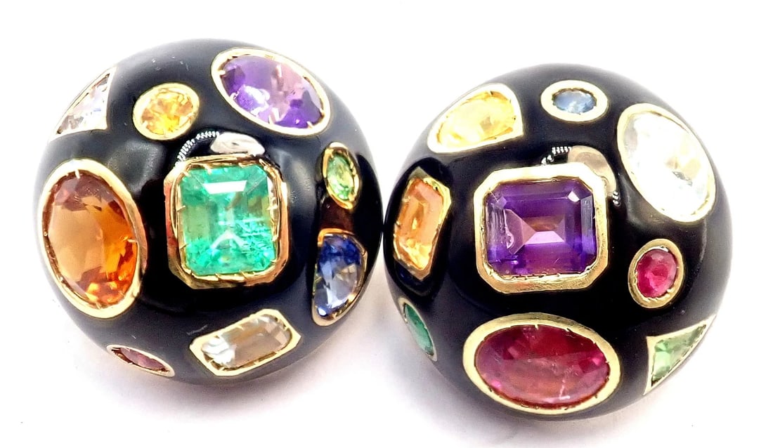 Authentic! Verdura Fulco 18k Yellow Gold Color Stone Black Enamel Earrings - 7