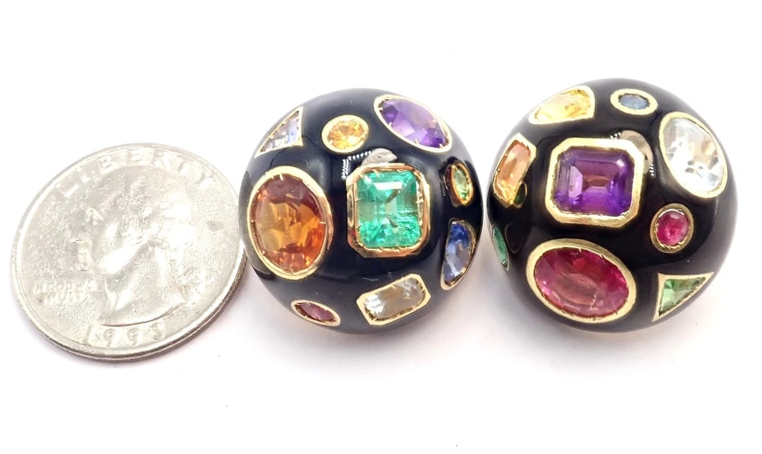 Authentic! Verdura Fulco 18k Yellow Gold Color Stone Black Enamel Earrings - 8