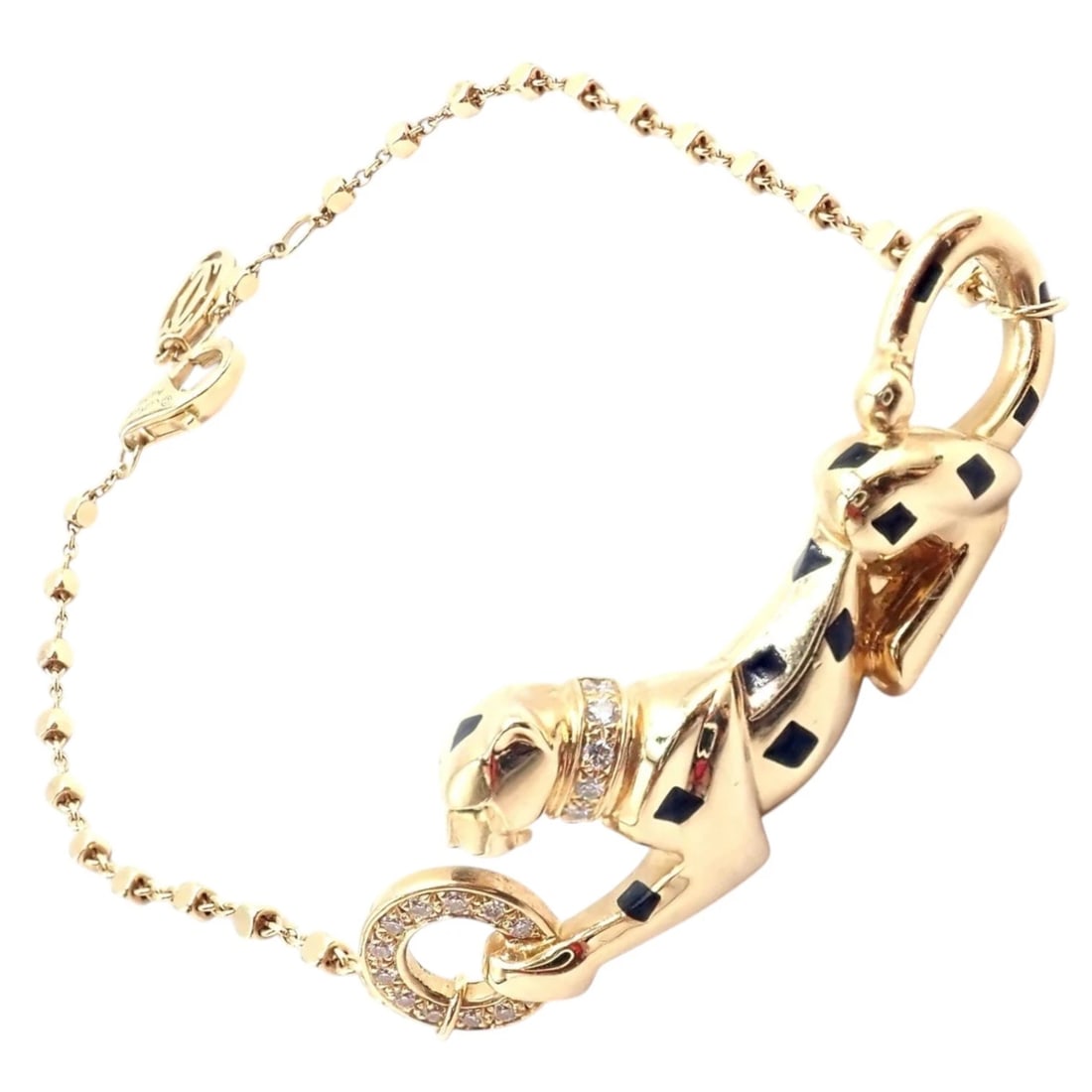 Authentic! Cartier Panther 18k Yellow Gold Diamond Tsavorite Bracelet Cert.: This authentic Cartier Panthère bracelet is crafted in 18k yellow gold, featuring a sculptural panther accented with brilliant diamonds, black lacquer spots, and vivid tsavorite garnet eyes.