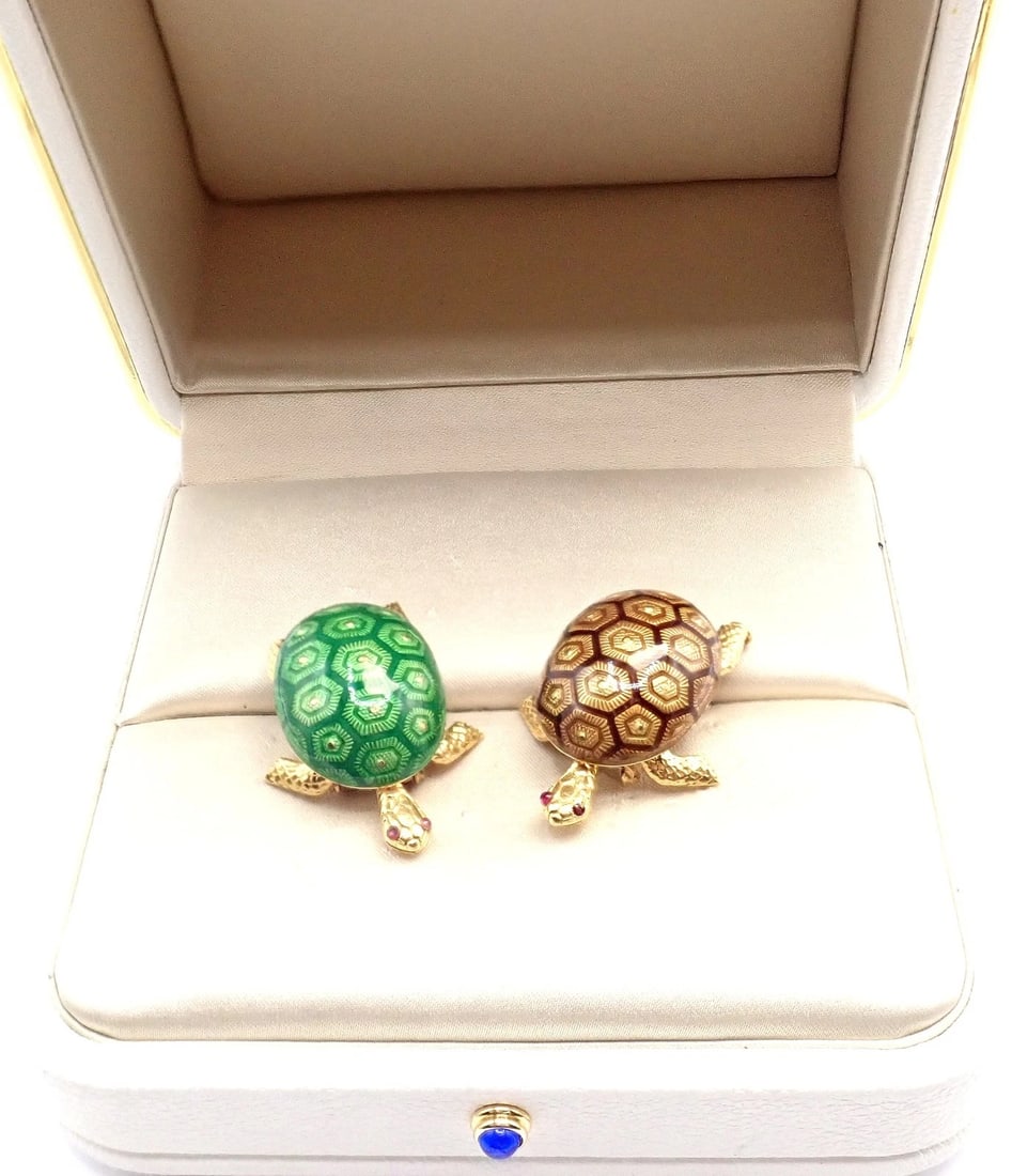 Vintage! Boucheron France 18k Yellow Gold Enamel Set Of Two Turtle Brooches - 3